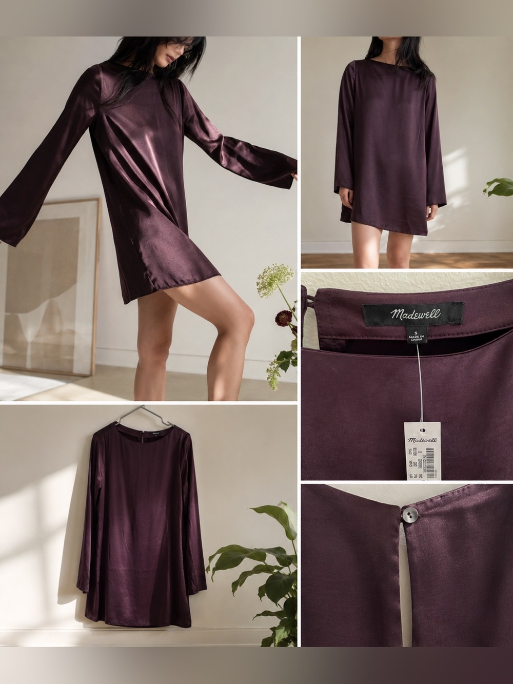 Madewell Satin Shift Mini Dress | Plum | Size Small | NWT